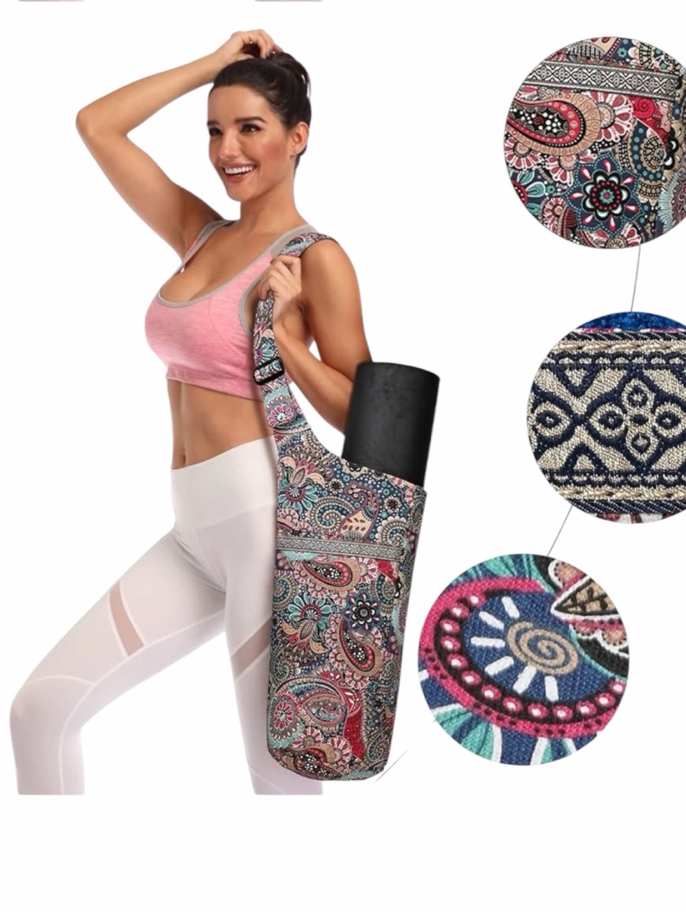 Paisley Yoga Mat Carrier Shoulder Bag - Pink, Teal, Navy